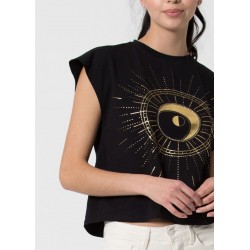 Kocca T-shirt con stampa grafica e inserti gioiello Elin - Nero